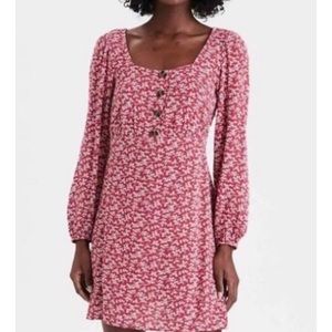 American Eagle Red Long Sleeve Square Neck Floral Dress